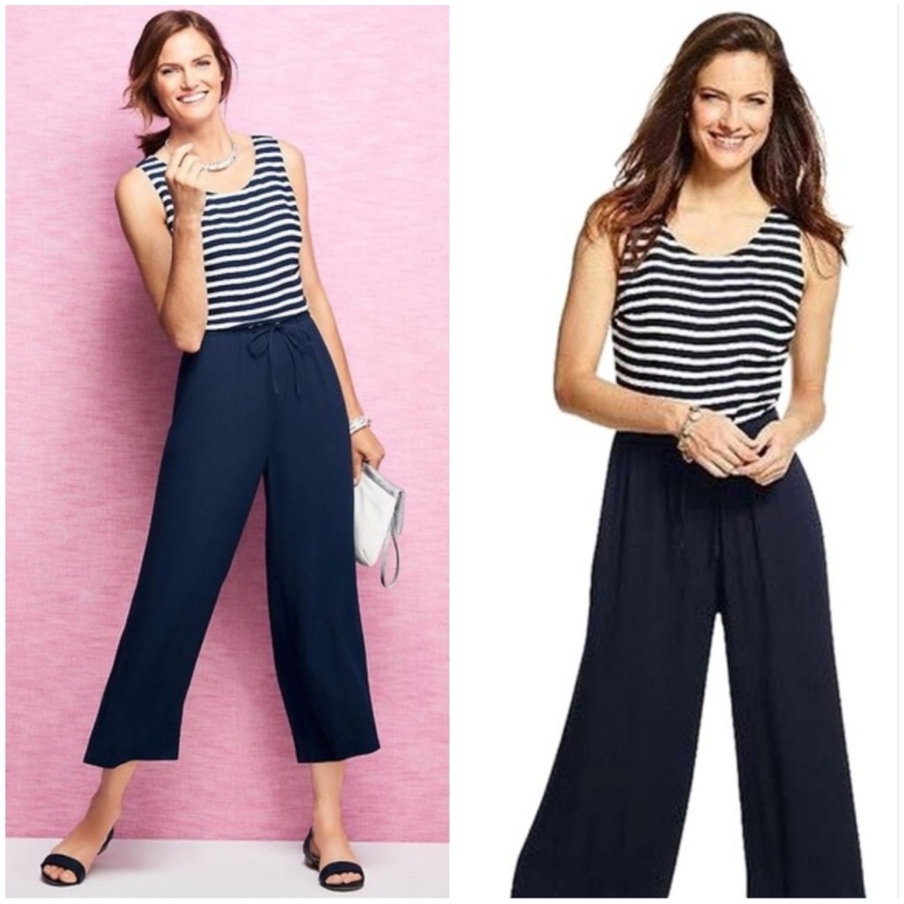 Talbots Navy Blue White Stripped Nautical Cropped Sleeveless Jumpsuit NWT